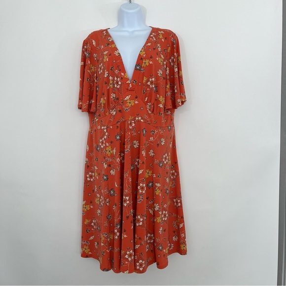 Torrid Orange Floral V Neck Flutter Sleeve Fit & Flare Dress - Picture 1 of 14